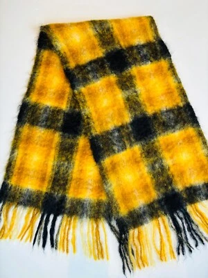 VTG 60s YELLOW GOLD&BLACK FUZZY PLAID CHECK PRINT 100% MOHAIR SCARF WEST GERMANY - Image 1 of 3