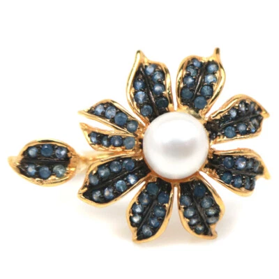 925 Sterlingsilber 8 Mm. Weiße Perle & Blaue Saphir Ring Größe 6,5 - Bild 1 von 4