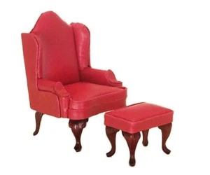 Dolls House Red Leather Wing Back Armchair & Footstool Living Room Furniture - Picture 1 of 1