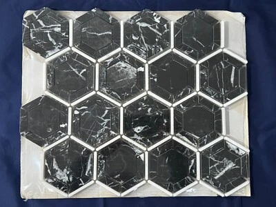 S56 Black/White Marble Hexagon Mosaic Tile Kitchen Bathroom Polished - Image 1 of 3