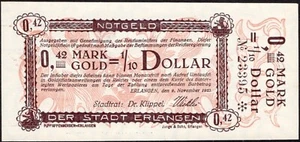 0,42 marcos de oro = 1/10 dólar 1923 - ERLANGEN dinero de emergencia - Serie: 23395 - UNC - #F54 - Imagen 1 de 4