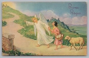Postcard Buona Pasqua Happy Easter Angel Girl Basket Sheep Note in Italian - Picture 1 of 2