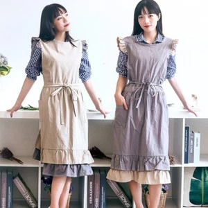 Cotton Linen Apron Lady Spliced Ruffles Pinafore Dress Waitress Florist Uniform - Picture 1 of 13