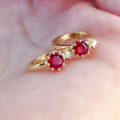 2.00Ct Round Cut Simulated Red Ruby Women's Hoop Earrings 14K Yellow Gold Plated - Image 1 of 2