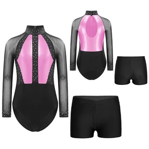 Kids Girl's Leotards With Shorts Patchwork Bodysuit Waistband Dance Outfit Mesh - Picture 1 of 77