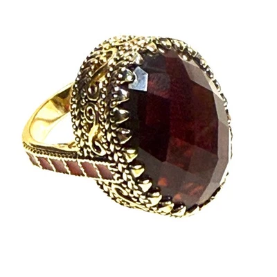 Anillo de cóctel estilo bizantino vidrio rojo tono dorado llamativo talla 8 moda Foto 1 de 4