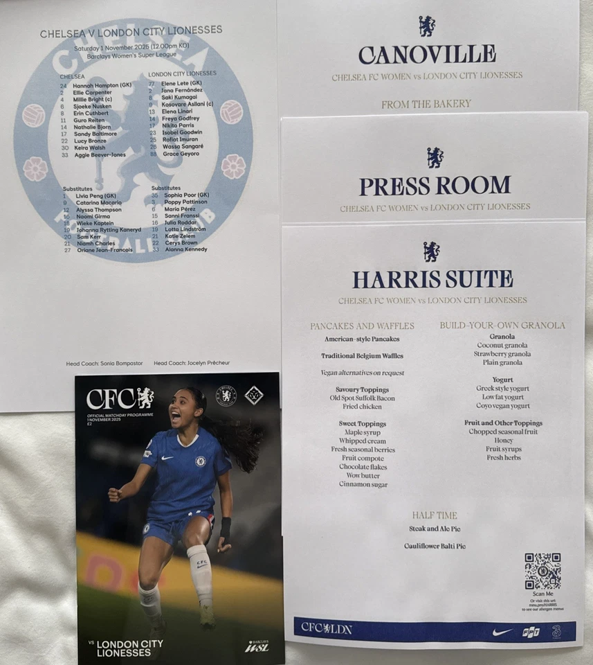 PROGRAMME+TEAMSHEET+MENUS  1/11/2025 CHELSEA WOMAN v LONDON CITY LIONESSES WSL - Image 1 of 1