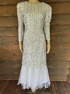 White Sequin Handmade 1980s Party Dress Sz 10 Excellent Condition - Picture 1 of 4