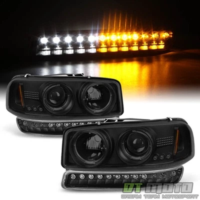 99-06 Gmc Sierra Yukon Black Smoked Projector Halo Headlights +Led Bumper Lamps - Image 1 of 4
