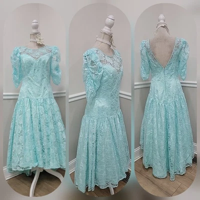 Vintage 80s Aqua Blue Satin & Lace Prom Party Dress Puff Sleeve Coquette - Image 1 of 4