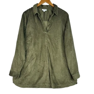 J Jill Tunic Shirt Womens Large Green Corduroy Long Sleeve Split Neck Pullover - Picture 1 of 14