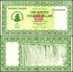Simbabwe 100000 Dollar Inhaberscheck, 2006, P-32, gebraucht - Bild 1 von 1