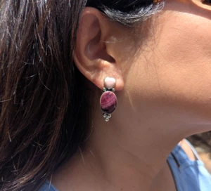Navajo Sterling Silver Purple Spiny Oyster & Pink Heart Post Earrings Jewelry - Picture 1 of 8