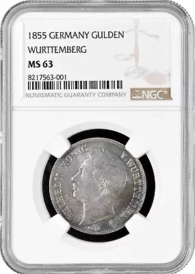 Wurttemberg 1 gulden 1855, NGC MS63, "King William I (1816 - 1864)" silver coin - Image 1 of 2