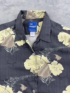 Wyland Ocean Fish Floral Silk Hawaiian Aloha Button Shirt Mens Fits M to S ￼Gray - Picture 1 of 14