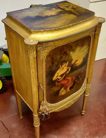 Antique Victorian Sheet Music Cabinet Gold Gilt PHONOGRAPH Stand Mandolin CHERUB Cover