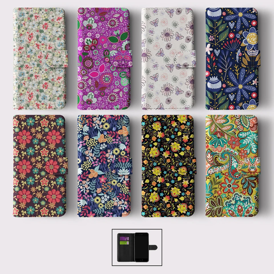 FLIP WALLET PHONE CASE FOR IPHONE 16 15 14 13 12 11 SE POSY FLORAL RETRO FLOWERS - Image 1 of 1