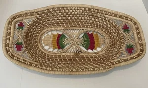 Natural Coiled Woven Boho Chic bread Basket rectangular pink green yellow - Picture 1 of 3