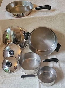 Set 7 pezzi pentole padelle coperchi vintage Revere Ware 1801 fondo rame pre-68 processo brevetto - Foto 1 di 24