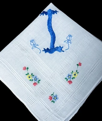 Pañuelo vintage bordado a mano floral AZUL inicial monograma I"**#60 Foto 1 de 2