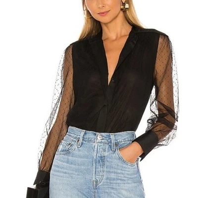 Equipment Femme Garion Long Sleeve Mesh Sheer Button Down Black Top SMALL - Image 1 of 4