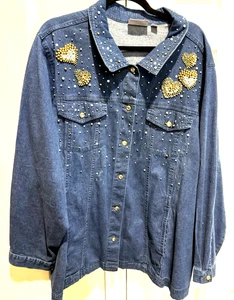 Quacker Factory Plus 2X (22/24) Heart Beaded Rhinestone Blue Jean Denim Jacket - Picture 1 of 4