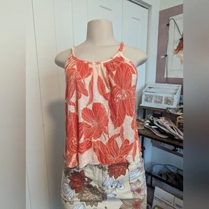 Tahari Orange floral crop top tank top size large 100% linen - Picture 1 of 12