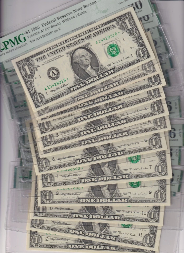 ALL 12 *STAR* NOTES 1995  Fr 1921-*/1922-* $1 FRN PMG 66EQ/30 FULL DISTRICT SET - Image 1 of 4