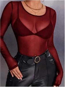 Burgundy SXY Sheer Mesh Top Without Bra Sz XS S M L - Picture 1 of 6