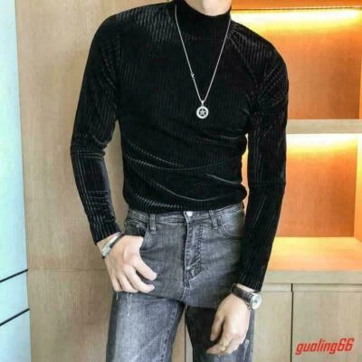 Men Velvet Turtleneck Long Sleeve Slim Fit Casual Nightclub Base Shirt Tops New  - Image 1 of 4