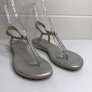 Elaine Turner Womens Tabetha Sandals Lame Silver Gold T strap Chain Detail Sz 9 - Picture 1 of 12