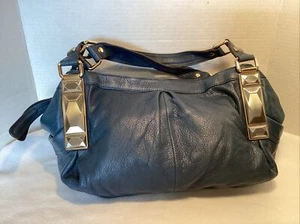 B Makowsky weiches Leder zwei Henkel Riemen Tasche Hobo Handtasche blau grau - Bild 1 von 10