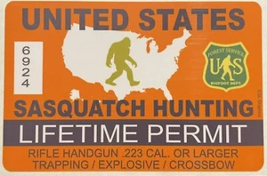United States Sasquatch Hunting Permit Sticker Die Cut Decal Bigfoot Believe Gun - Imagen 1 de 3