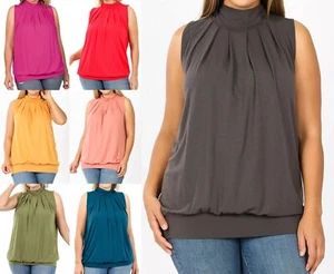 1X 2X 3X Scrunched Mock Turtle Neck Pleated Sleeveless Top Elastic Waist Tank - Picture 1 of 37