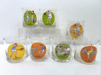 Lote de 7 vasos rocas de 10 OZ dibujos animados de tenis vintage años 70 en muy buen estado barware Foto 1 de 4