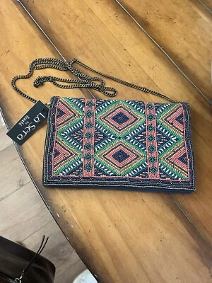 New La Sera by Franchi Beaded Boho Envelope Clutch Crossbody Gold Chain  Lioness - Image 1 of 4