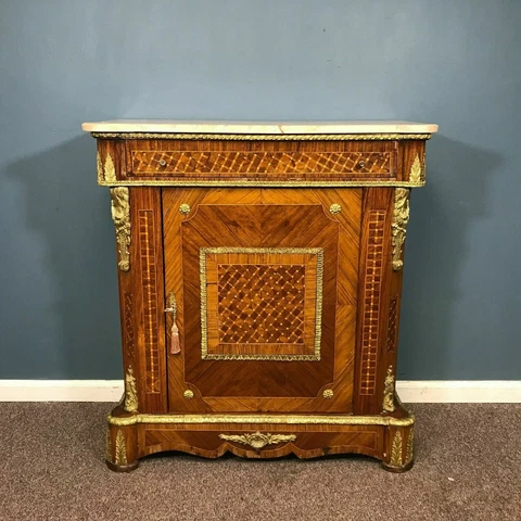 French Marble Top Marquetery Cabinet W/ Drawer Cover