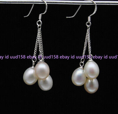 7-8mm Natural White Akoya Pearl Dangle Chain Earrings AAA Silver Hook • 3.90€