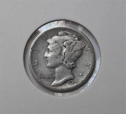 1918-s . Mercury Dime . VF+ . Very Fine+ . Original Old Dime Cover