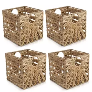 Water Hyacinth Storage Baskets Set of 4 Wicker Cube Baskets, Natural Foldable He - Picture 1 of 11