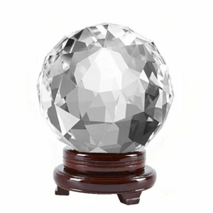 Clear Faceted Crystal Ball 80mm 3 inch With Wood Stand in Gift Box - Picture 1 of 3