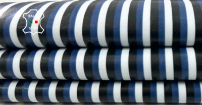 BLUE , BLACK , WHITE LINES PRINT ON SHINY Goatskin Leather hide 3sqf 0.7mm C4872 - Image 1 of 4