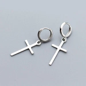 Pendientes colgantes de aro Huggie de plata de ley 925 con cruz para hombre y mujer A1456 - Imagen 1 de 5