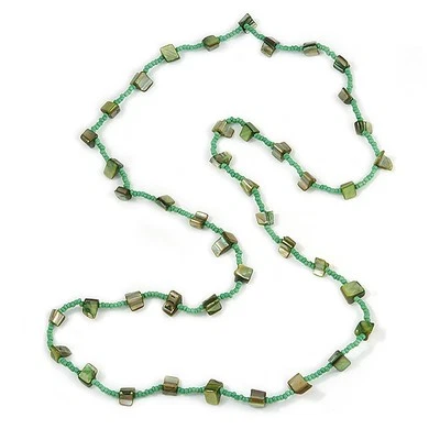 Classic Green Glass Bead, Sea Shell Nugget Long Necklace - 100cm Long - Image 1 of 4