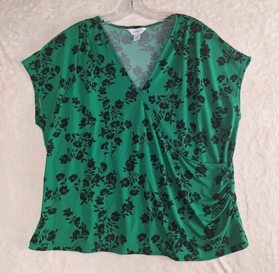 Liz Claiborne Womens XL Top Career Slinky Faux Wrap Green Floral Cinched Sides  - Image 1 of 4