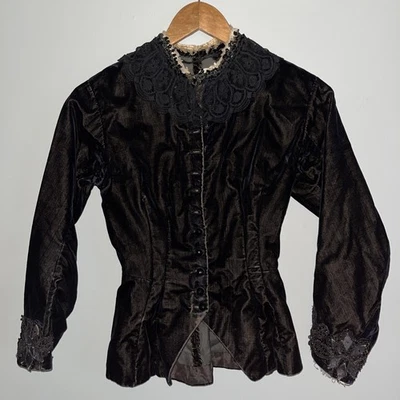 Victorian Mourning Black Velvet Bodice Boned Jet Beads Lace Trim Antique 1800s - Image 1 of 4