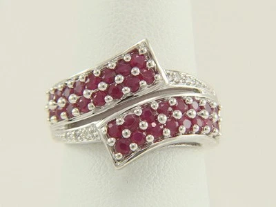 10K White Gold Natural Ruby and Diamond By-Pass Ring Size 7 - Image 1 of 4
