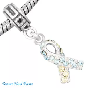 Down Syndrome Yellow Blue Crystal Ribbon 925 Sterling Silver European Bead Charm - Picture 1 of 2