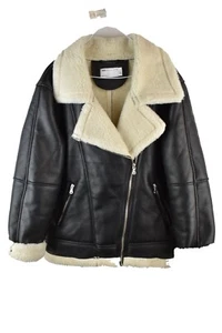 Asos Designs Womans Faux Shearling Leather PU Aviator Jacket Black Size - Picture 1 of 8