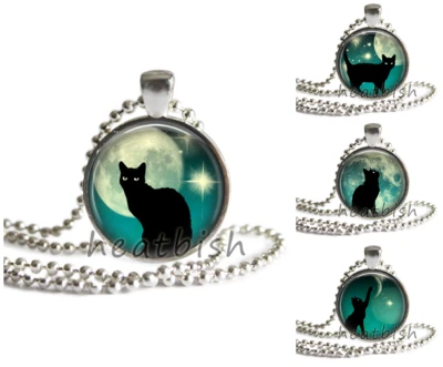 BLACK CAT AND FULL MOON Silhouette Teal 1" Round Glass Photo Pendant Accessory - Image 1 of 2